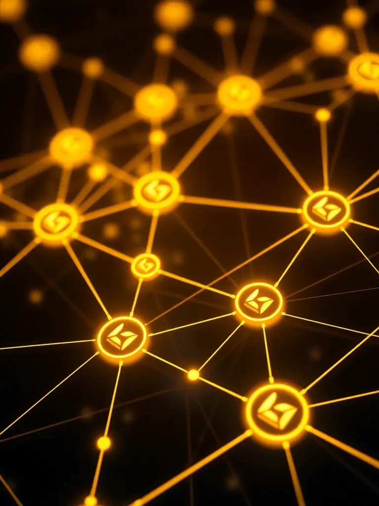 An abstract representation of a blockchain network with interconnected nodes, each node displaying the GeoCoin logo.