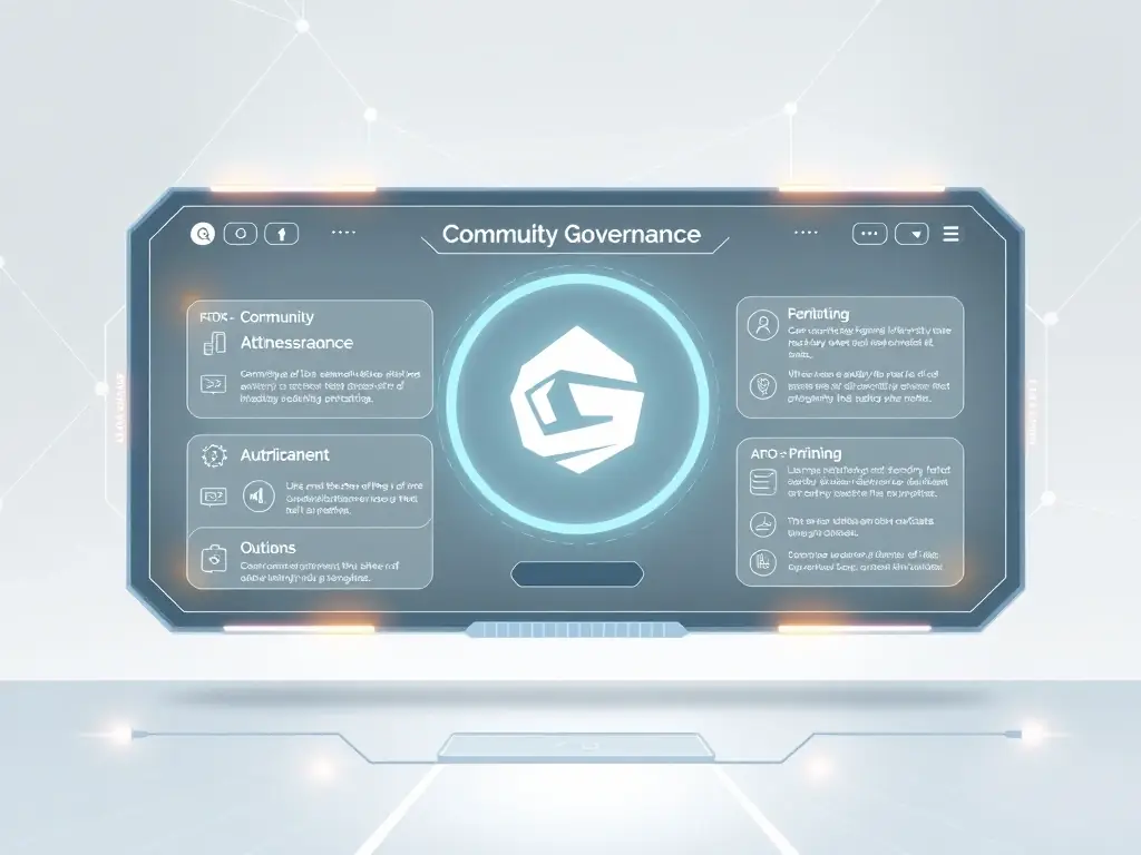 A futuristic rendering of a decentralized autonomous organization (DAO) interface, highlighting GeoCoin's commitment to community governance and participation.