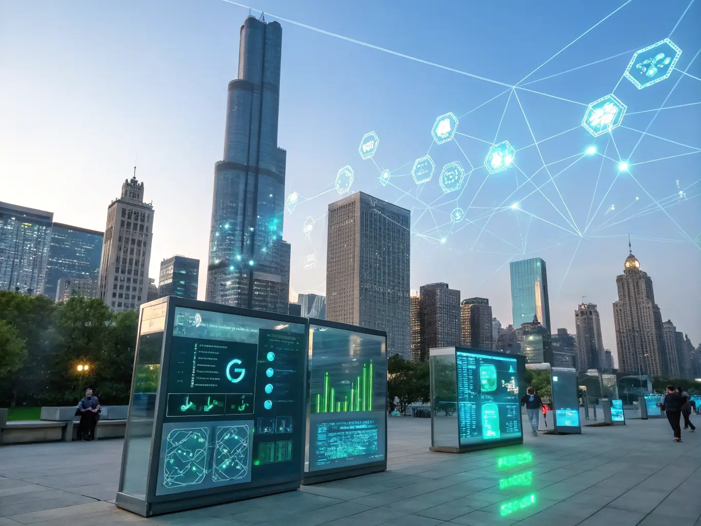 A digital illustration of a futuristic city skyline with interconnected nodes representing blockchain technology, symbolizing GeoCoin's commitment to innovation and decentralization.